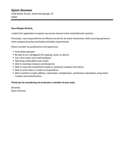 metal fabricator cover letter